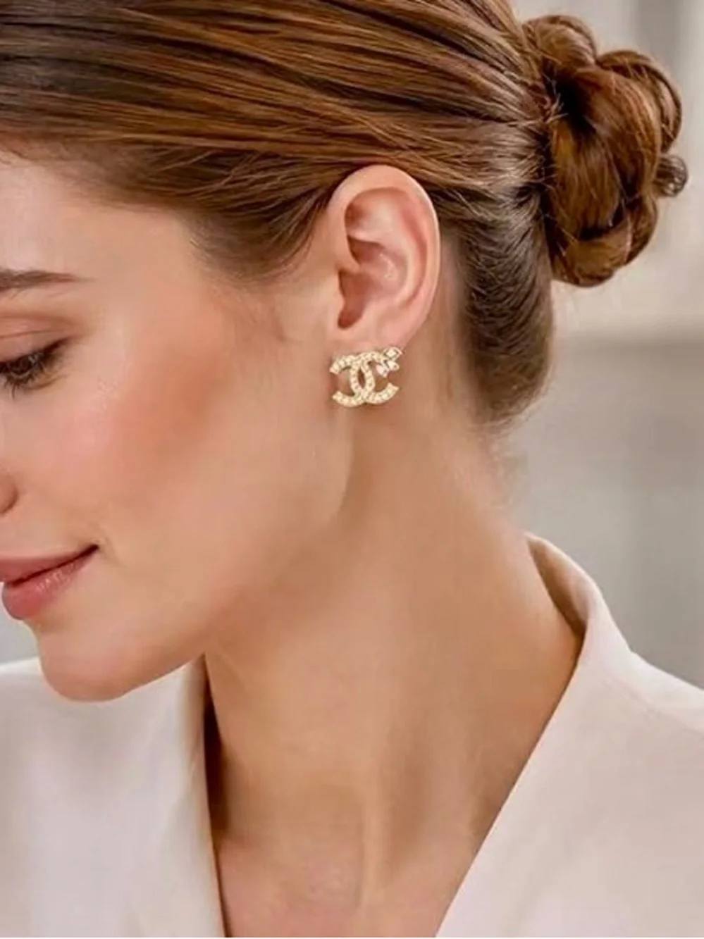 CHANEL Crystal Leaf Stud Earrings